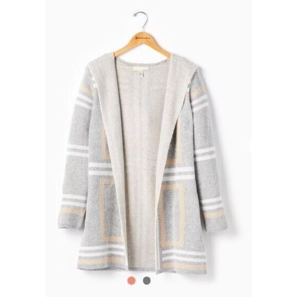 By Design Womens Hooded Cardigan Sweater Duster Grey White Tan Size L - Picture 1 of 10